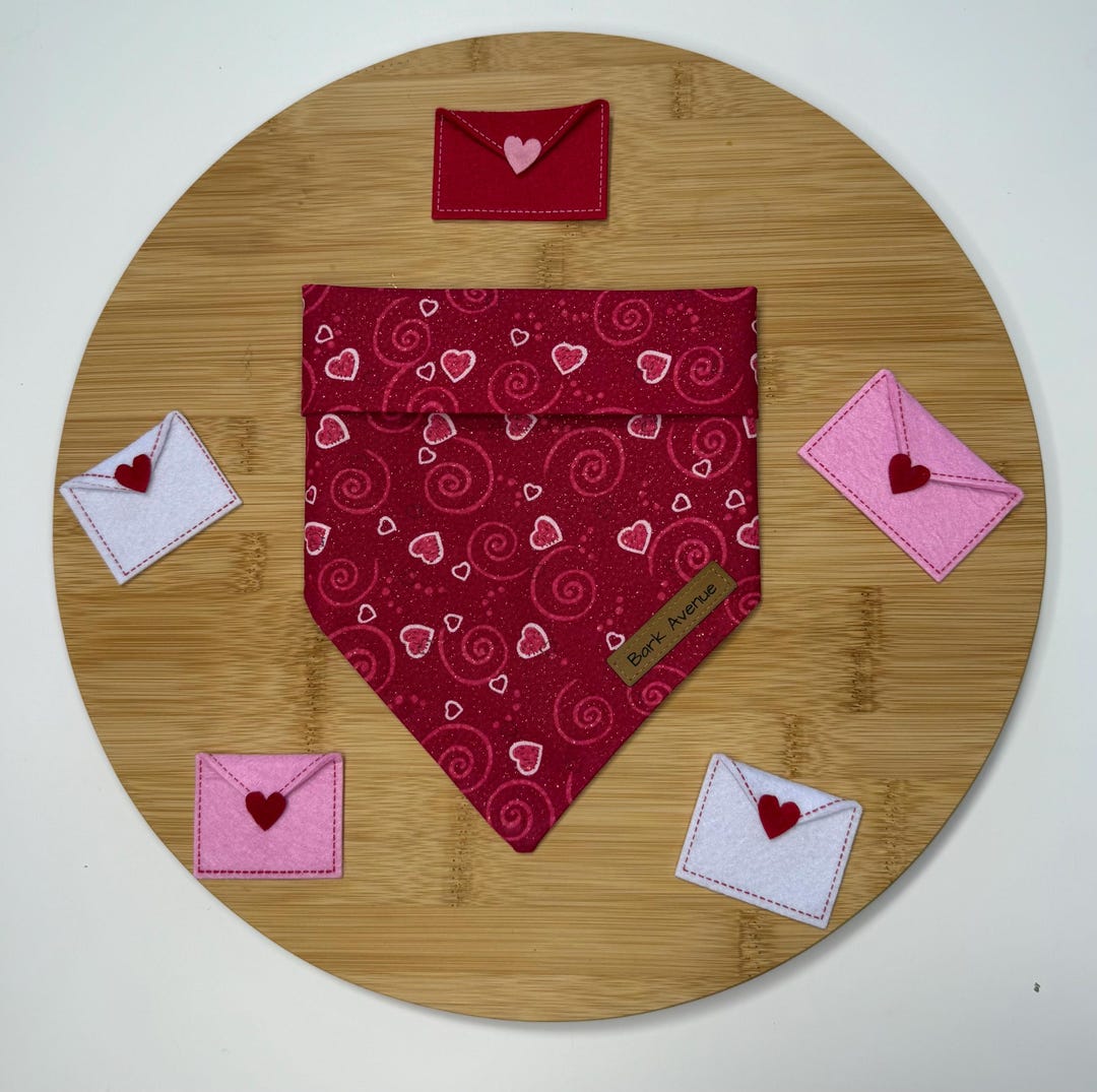 Pink Gingman Red Heart dog bandana, handmade by Bark Avenue Pet Boutique
